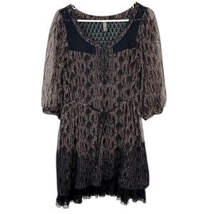 Free People Black Pink Floral Mini Dress Sheer Sleeves Size Medium